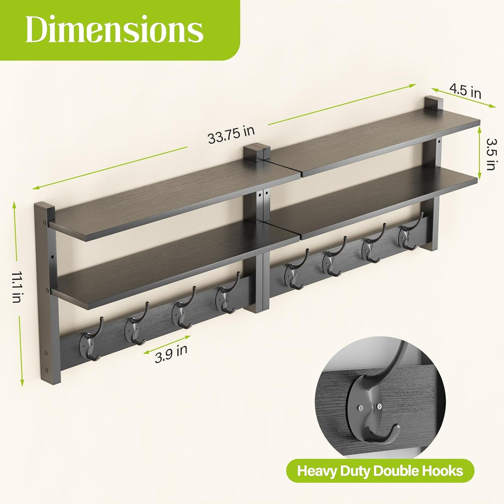 2 Tier Coat Rack Wall Mount with Shelf, 33" Wall Shelf with Hooks, Entry...