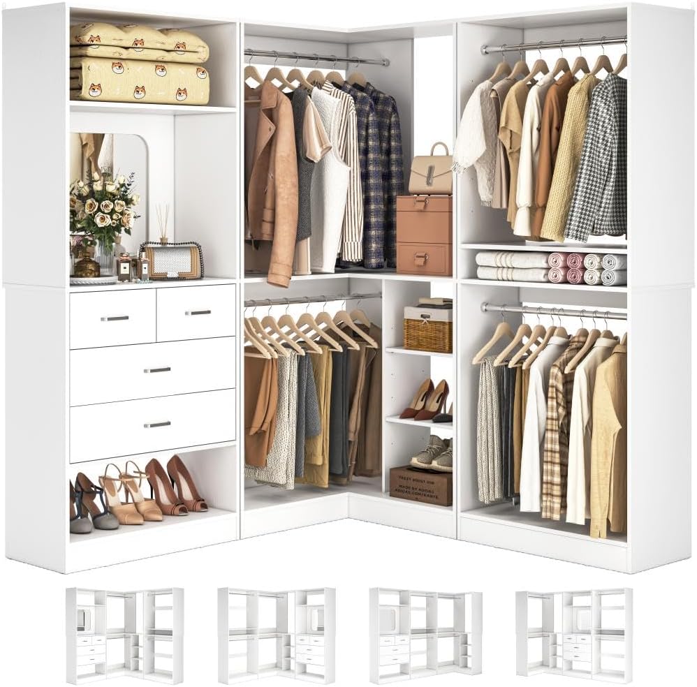 Unikito 86" Corner Closet System with 4 Drawers, 4 Hanging Rods and Mirror