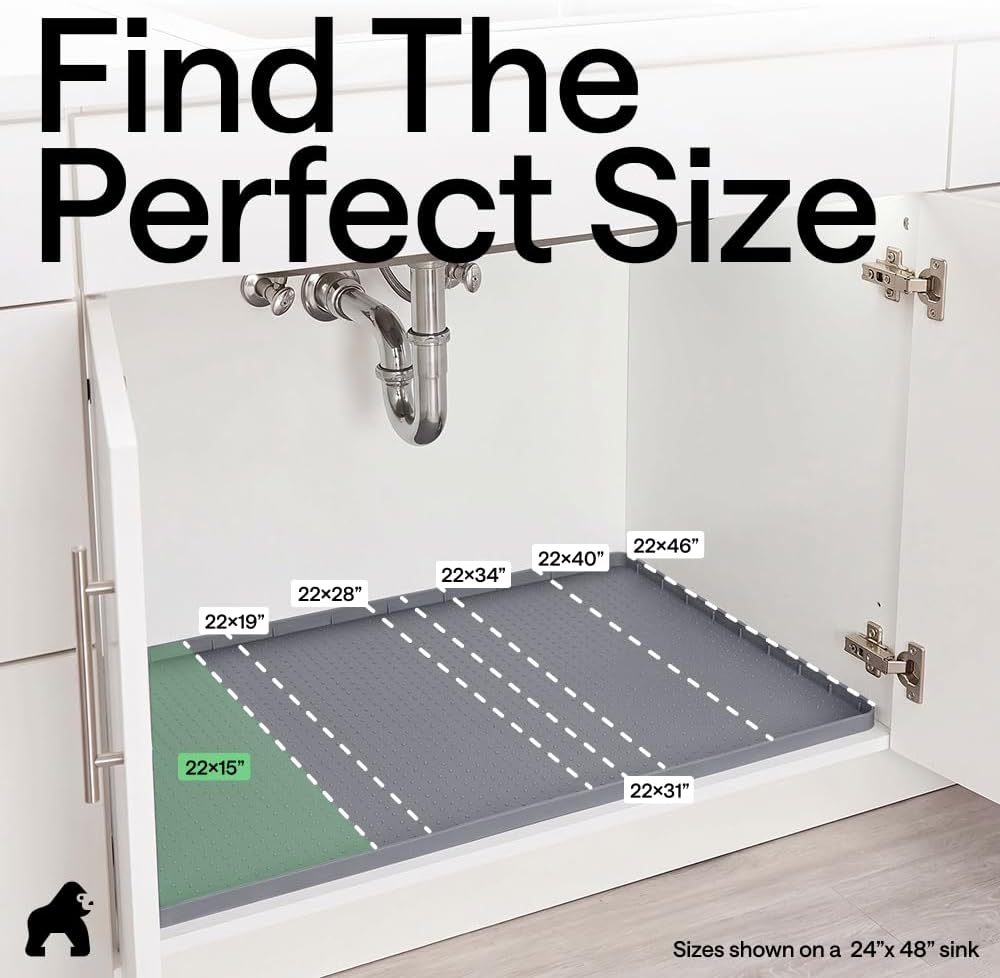 GORILLA GRIP Waterproof Silicone Under Sink Mat, Stay in Place, 34x22 Gray