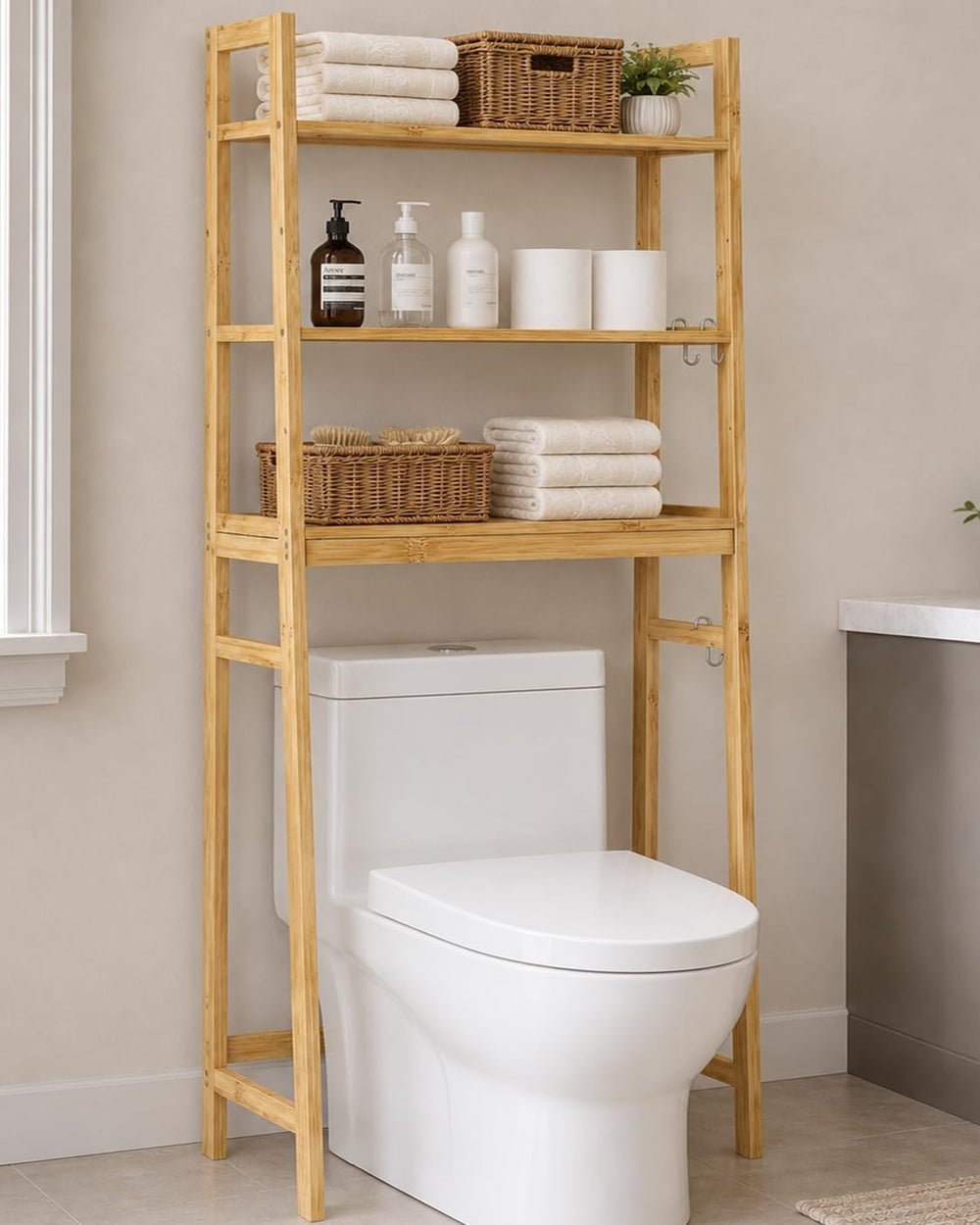 Over The Toilet Storage,Space Saving 3 Tier Bamboo Bathroom Storage Shelf