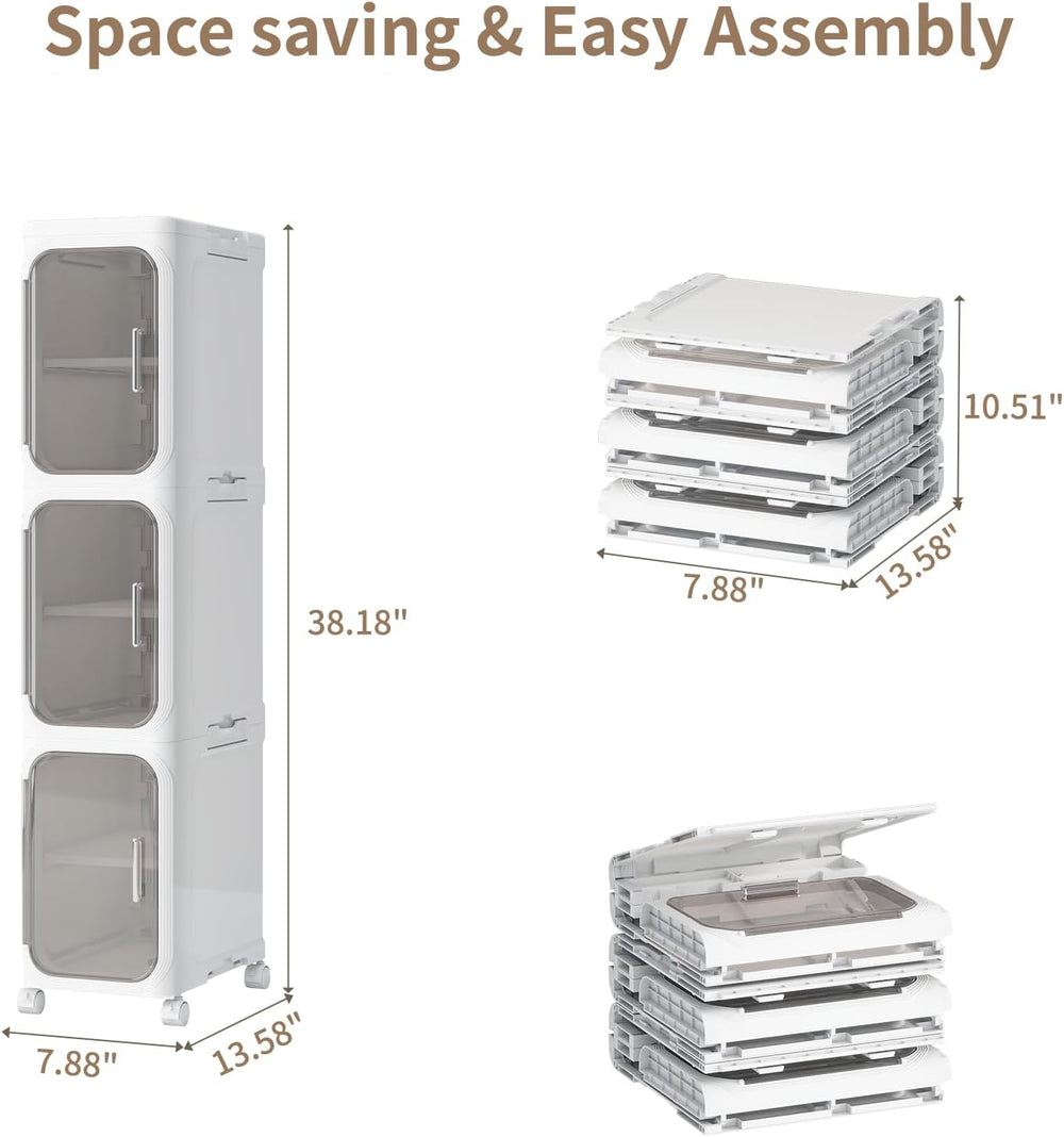 3 Tier Slim Bathroom Storage Cabinet, Foldable and Movable, White