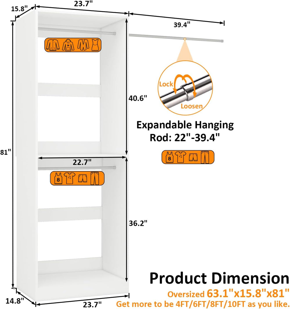 Closet System with 3 Hanging Rods& Shelf , 2FT Small Closet Organizer Sys...