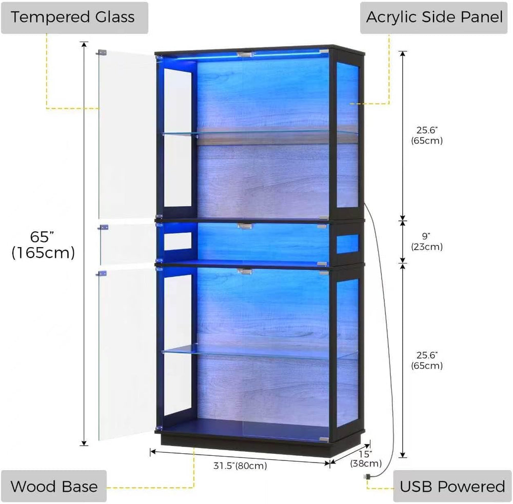 RGB Display Cabinet with 5-Tier Glass Shelves - 65" Tall