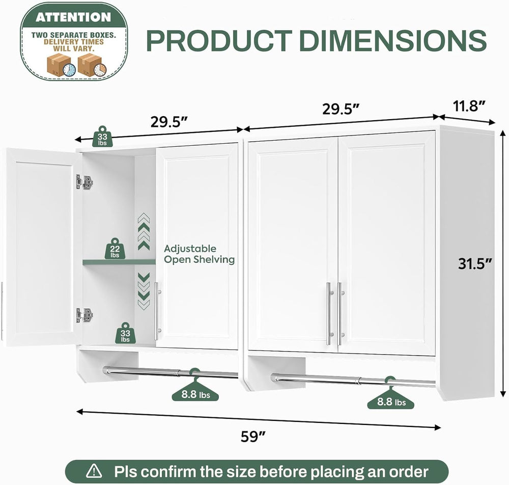 Furnaza 60" W Large Laundry Room Wall Mounted Cabinets with Hanging Rod