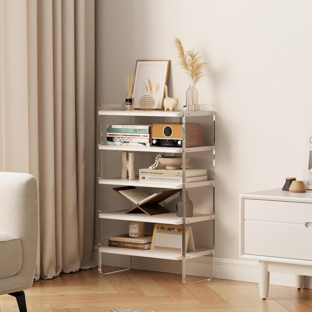 5-Tier Shoe Rack, Wood Acrylic Shoe Shelf, White, 18.9" W