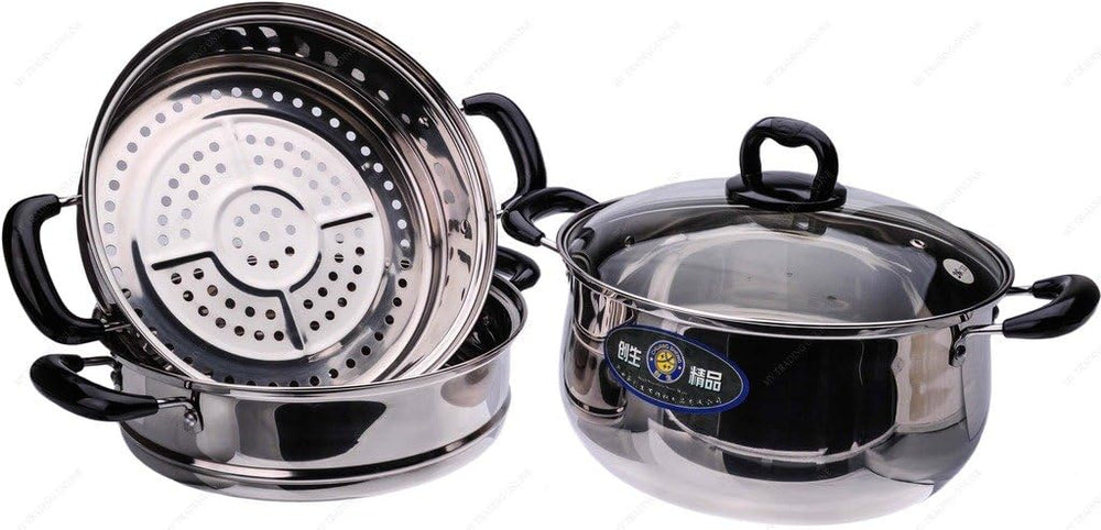 M.V. Trading S7328B Stainless Steel 3 Tiers Steamer Pot Steaming Cookware, 28...
