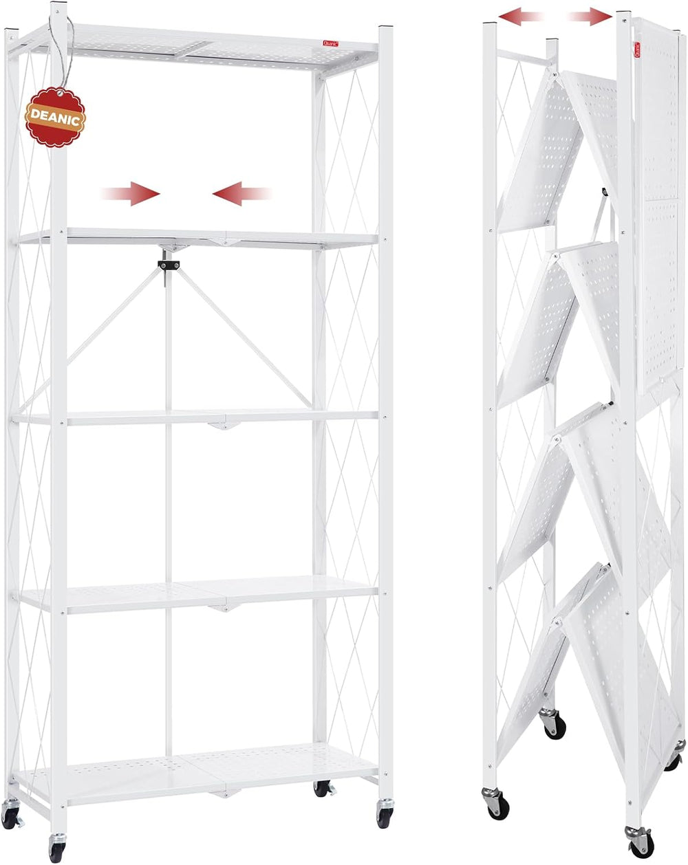 DEANIC 5 Tier Foldable Storage Shelves with Wheels, Large Capacity Shelving U...