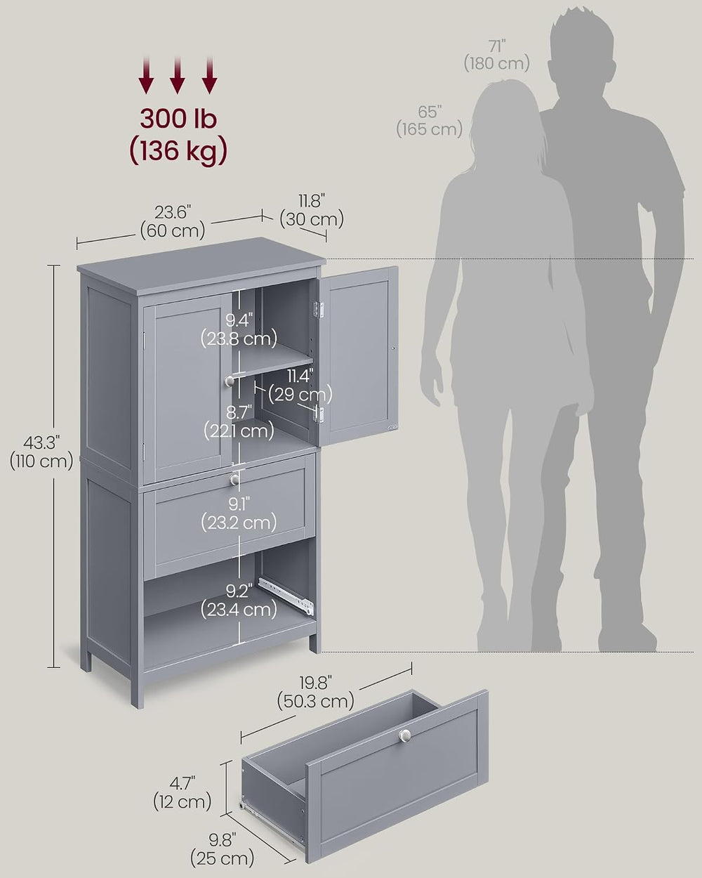 VASAGLE Bathroom Storage Cabinet with 2 Doors, 2 Drawers, Dove Gray