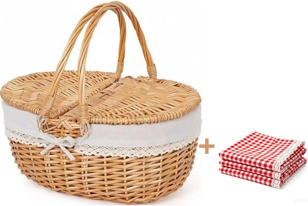 OYPEIP Empty Undyed Hand Woven Wicker Picnic Basket with Lid & Handle for...