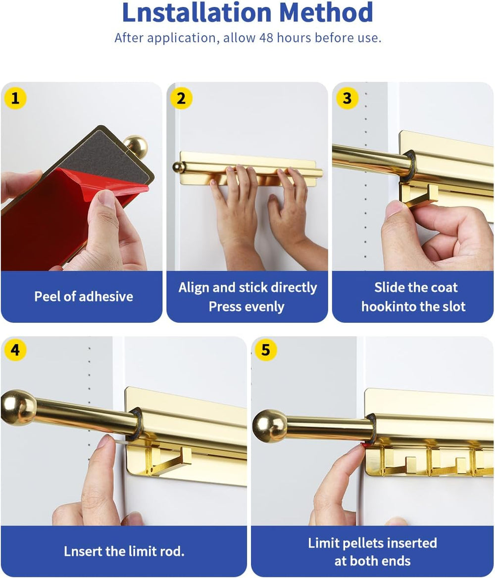 Adhesive Valet Rod for Closets Pull Out 16.5" Gold with 10 Hooks