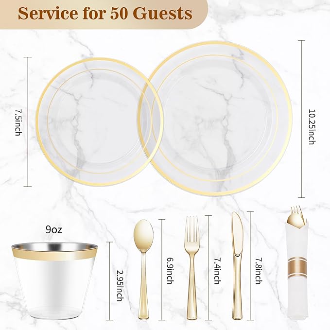 BESTVIP 350PCS Clear Gold Plastic Dinnerware Set for 50 Guests, Disposable Pa...