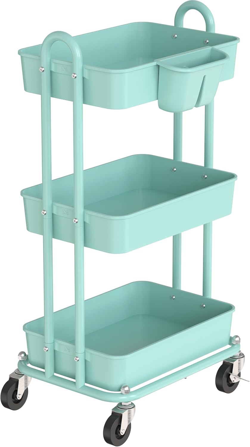 Simple Houseware 3-Tier Rolling Utility Cart with Hanging Bucket, Turquoise