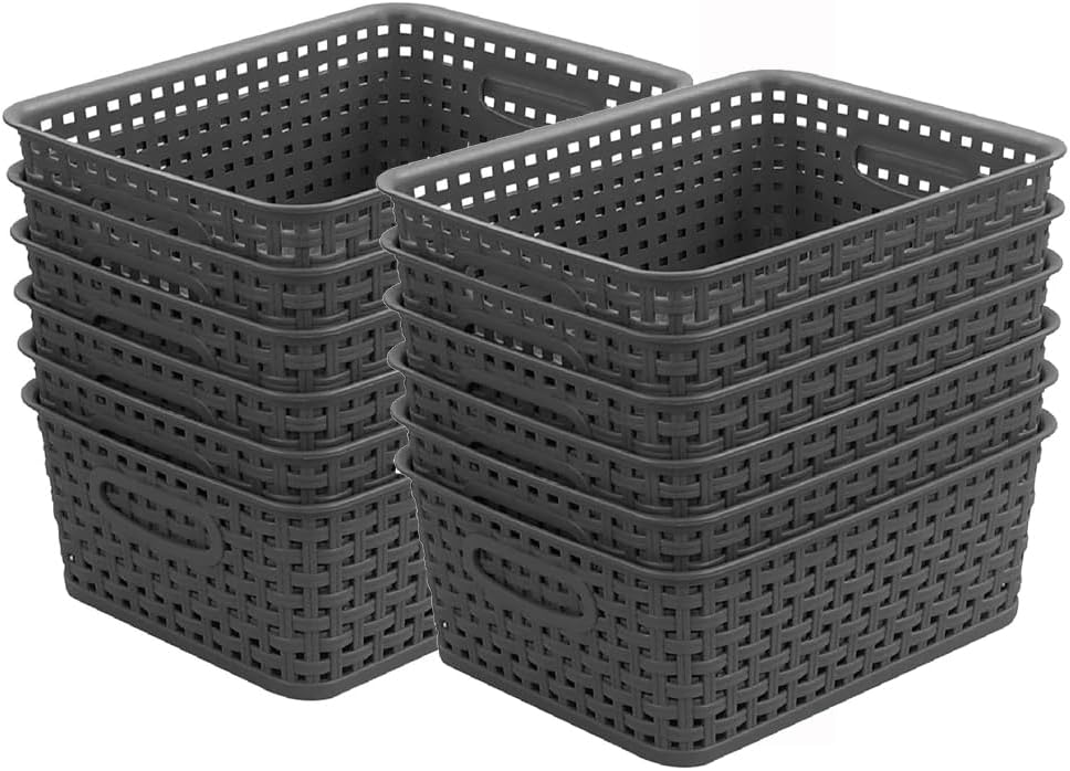 Grey Plastic Weave Storage Basket, 12-Pack Woven Gray Basket Organizer for Ki...