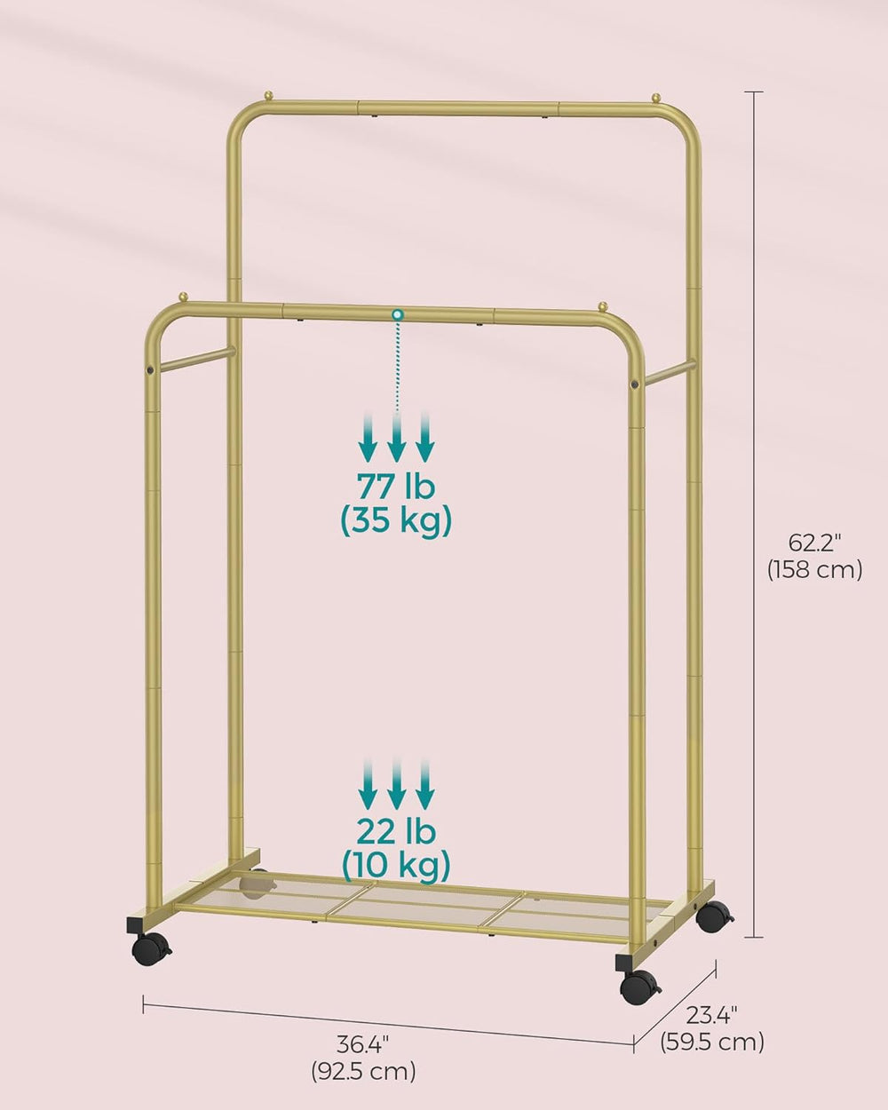 SONGMICS Double Rods Clothes Rack with Wheels, Clothing Rack for Hanging Clot...