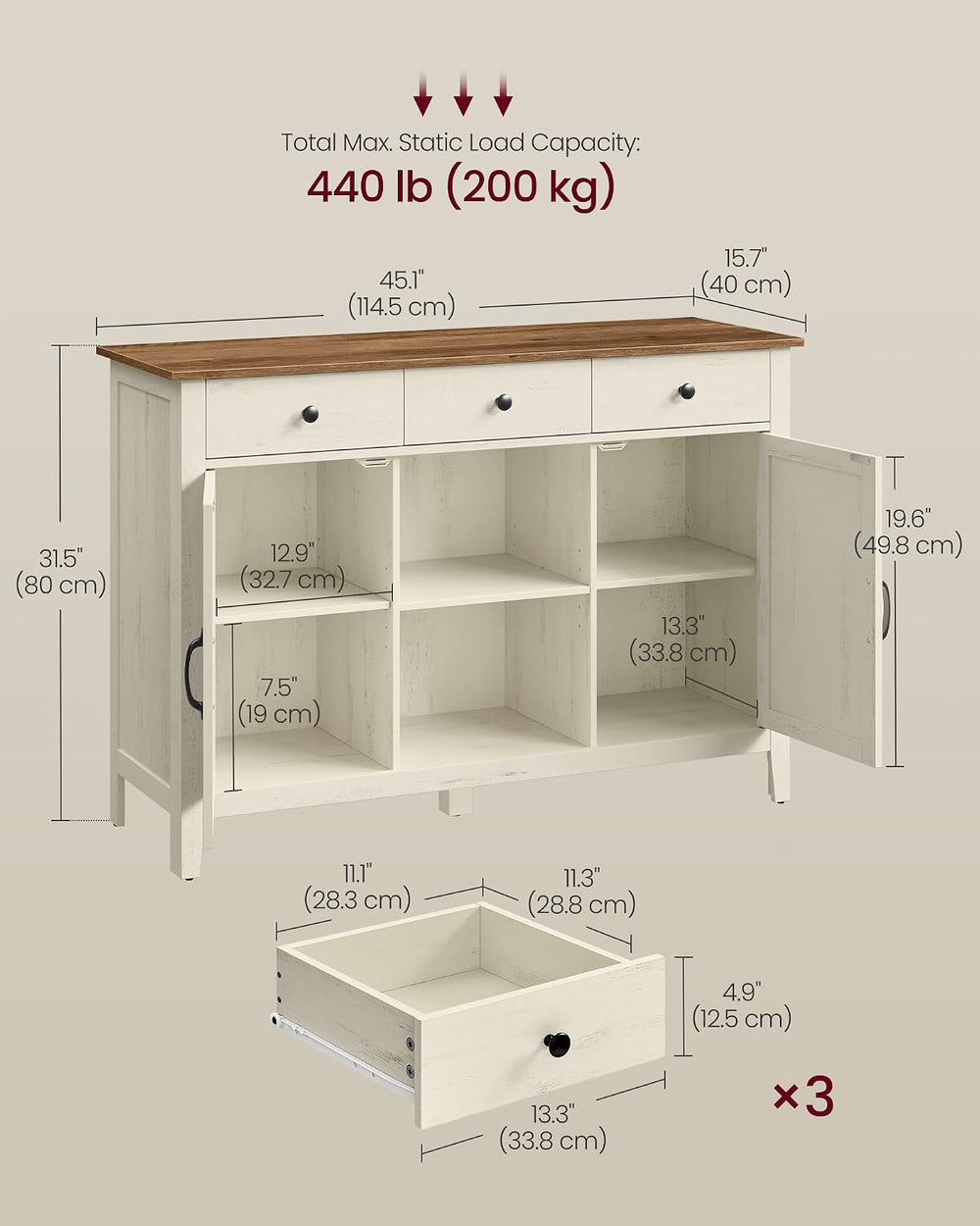 VASAGLE Buffet Cabinet, Coffee Bar with 3 Drawers, Adjustable Shelf