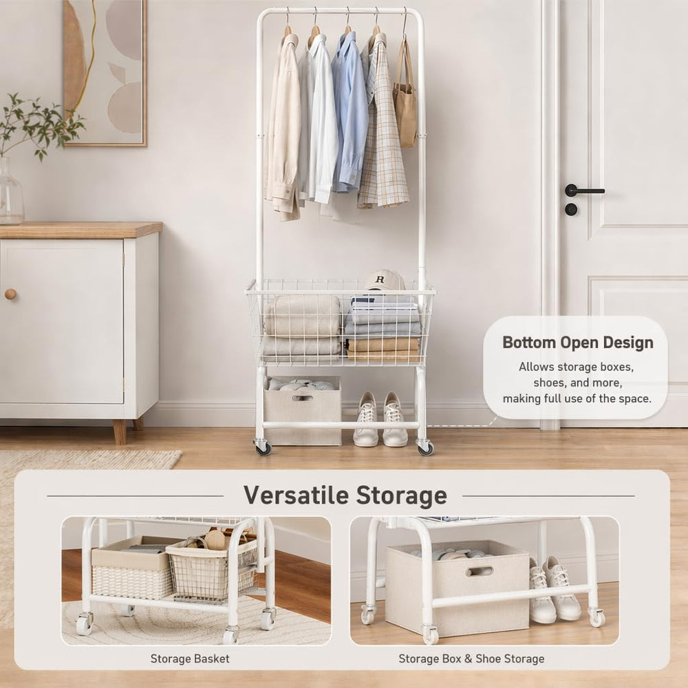 ALIMORDEN Rolling Laundry Cart with Hanging Rack & Metal Basket, White
