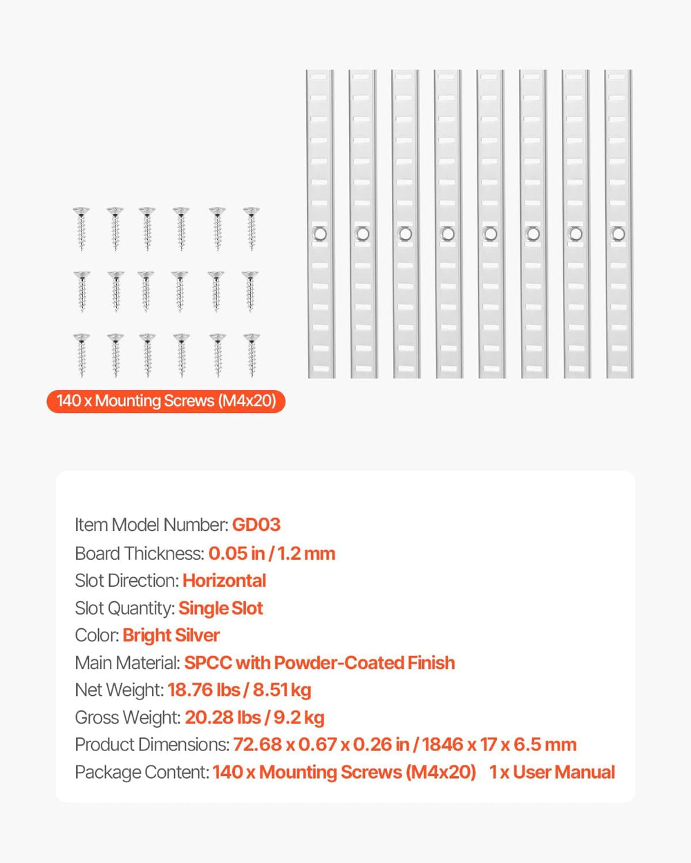 VEVOR Shelf Pilaster, 72.7-inch 20 Pack, Adjustable Shelf Brackets Steel Mort...