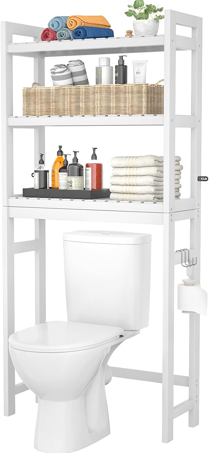 Over The Toilet Storage, 3-Tier Bamboo Bathroom Shelf, White