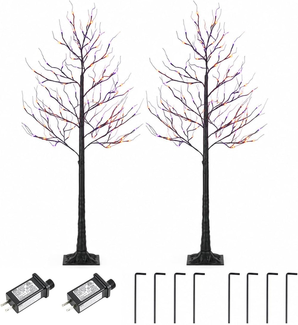 6FT LED Lighted Halloween Tree 2-Pack Orange Purple Lights Décor
