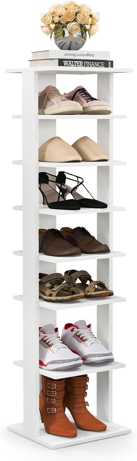 BETTARY 8 Tier Vertical Shoe Rack, Narrow Wooden Corner Shoe Organizer for Sm...