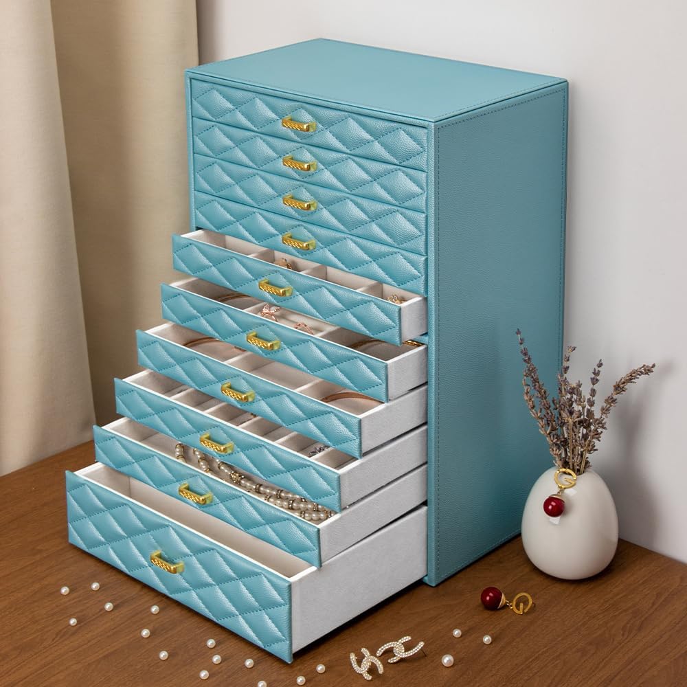 Extra Large Jewelry Box Organizer with 10 Drawers - Premium Faux Leather Stor...