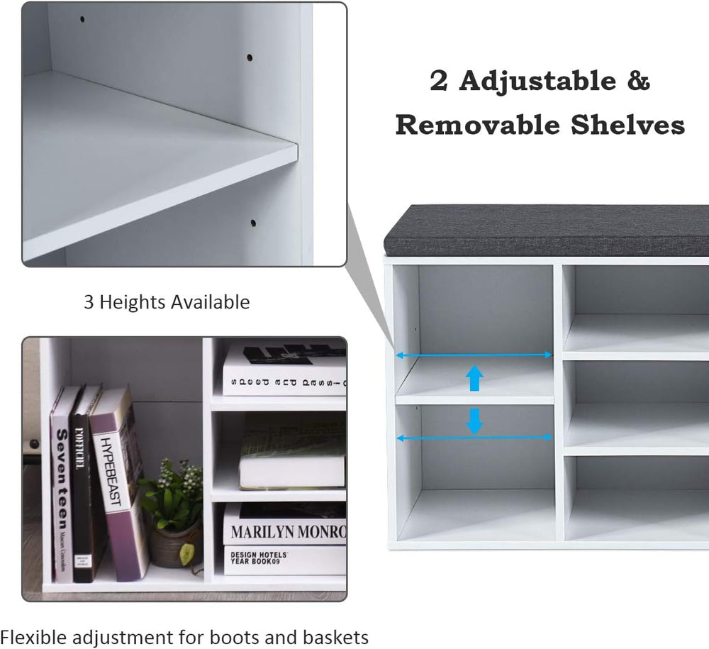 KOTEK Wooden Shoe Bench with Cushion, 10-Cube Shoe Rack Cabinet w/Adjustable ...