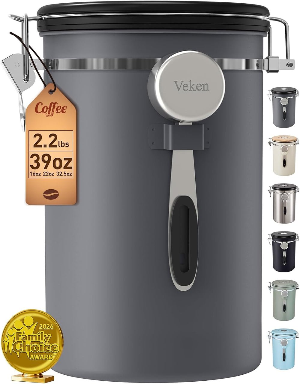 Veken Coffee Canister,39OZ, 2.2lbs,Large Airtight Stainless Steel Container
