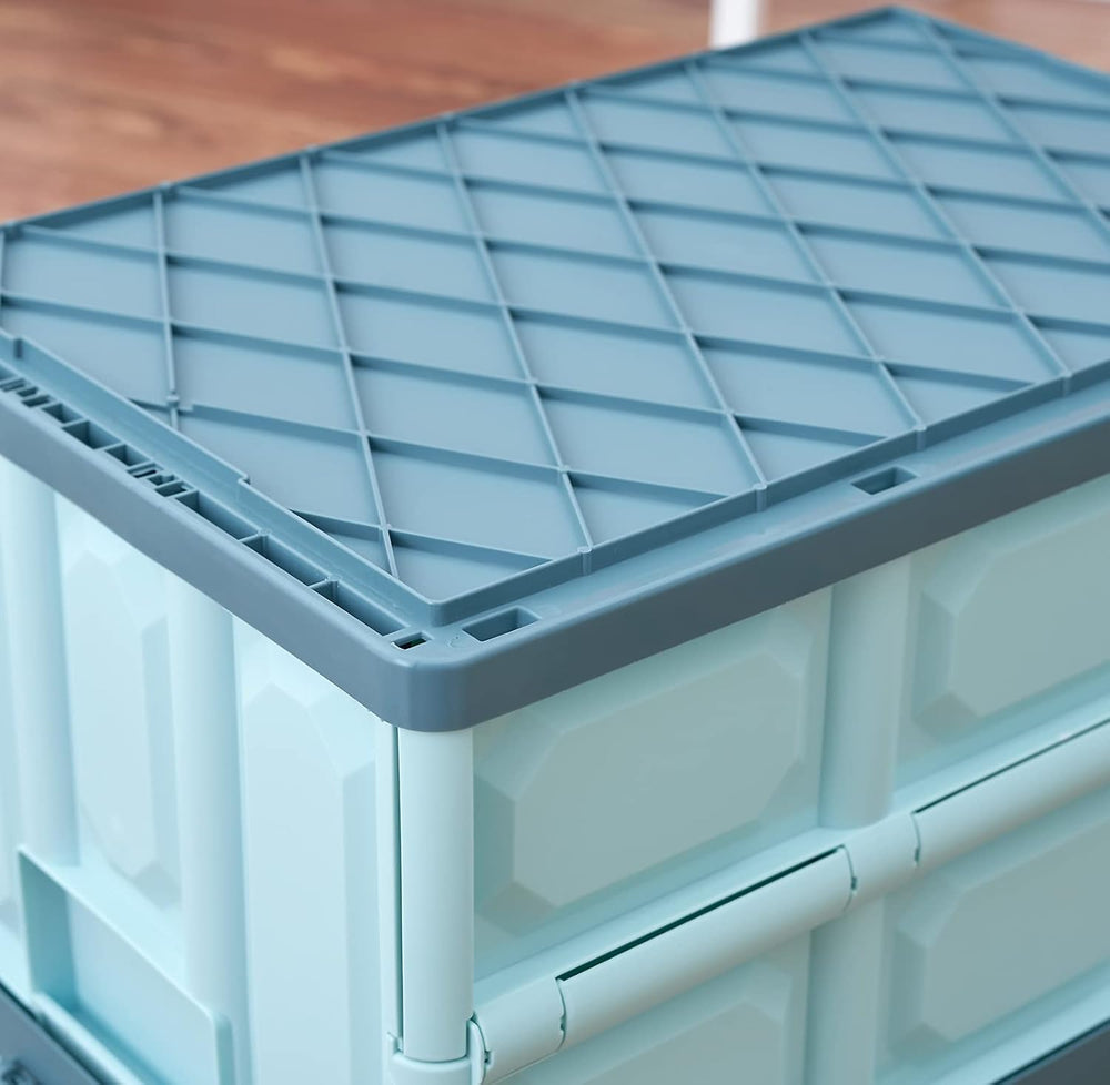 Blue Folding Plastic Stackable Utility Crates 2-Pack, Collapsible Storage Bin...