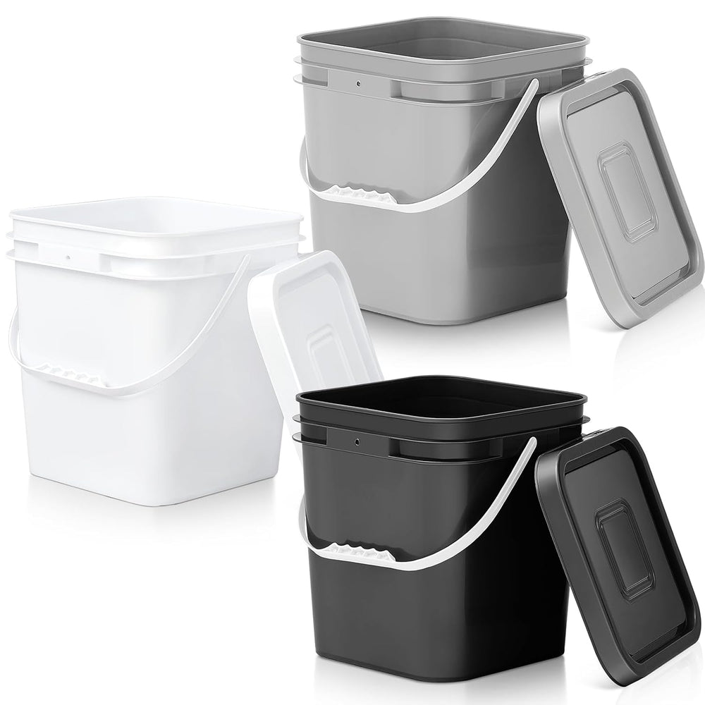 Mumufy 3 Pcs 3.5 Gallon Square Food Grade Bucket with Lid, Black,Gray,White