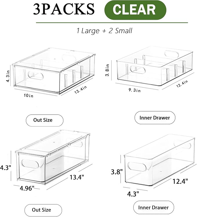 bealy 3 Pack Fridge Organizer and Storage, Fridge Drawers Clear Stackable