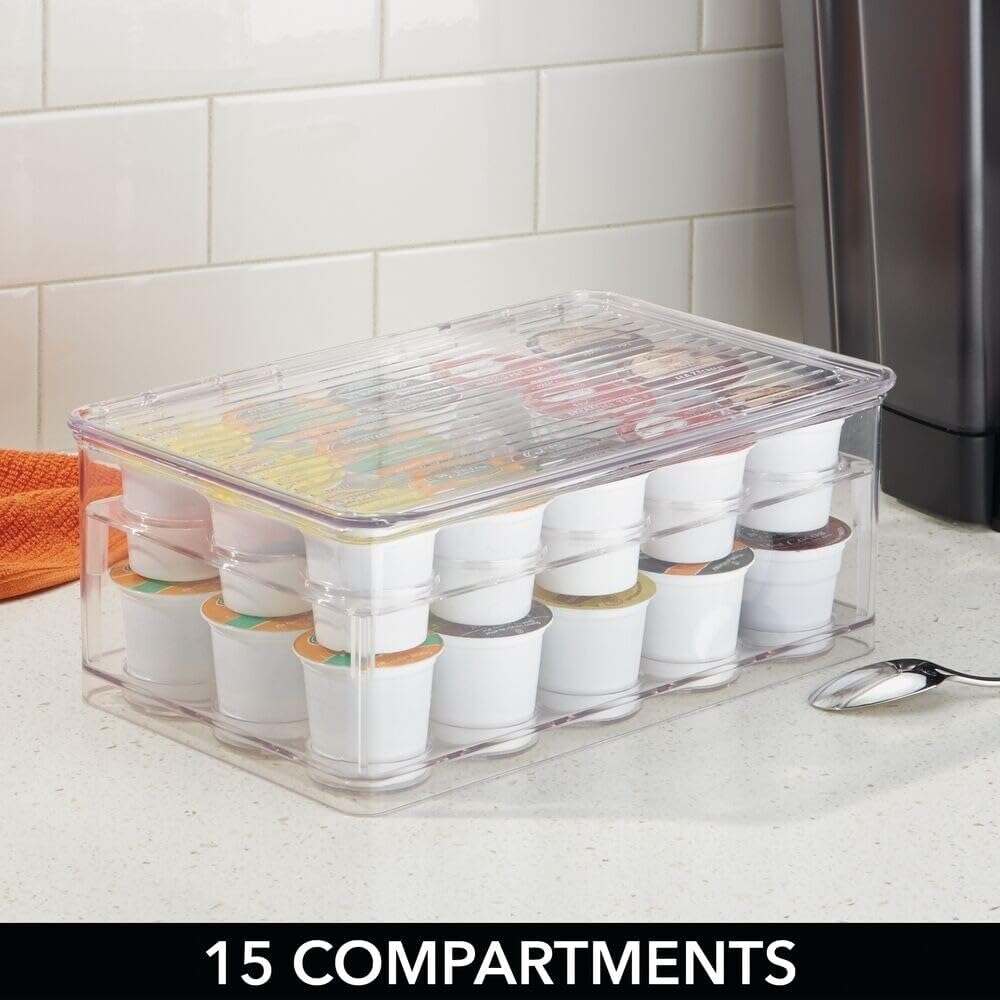 mDesign Plastic Stackable Divided Storage Organizer with Lid for Tea Bags and...