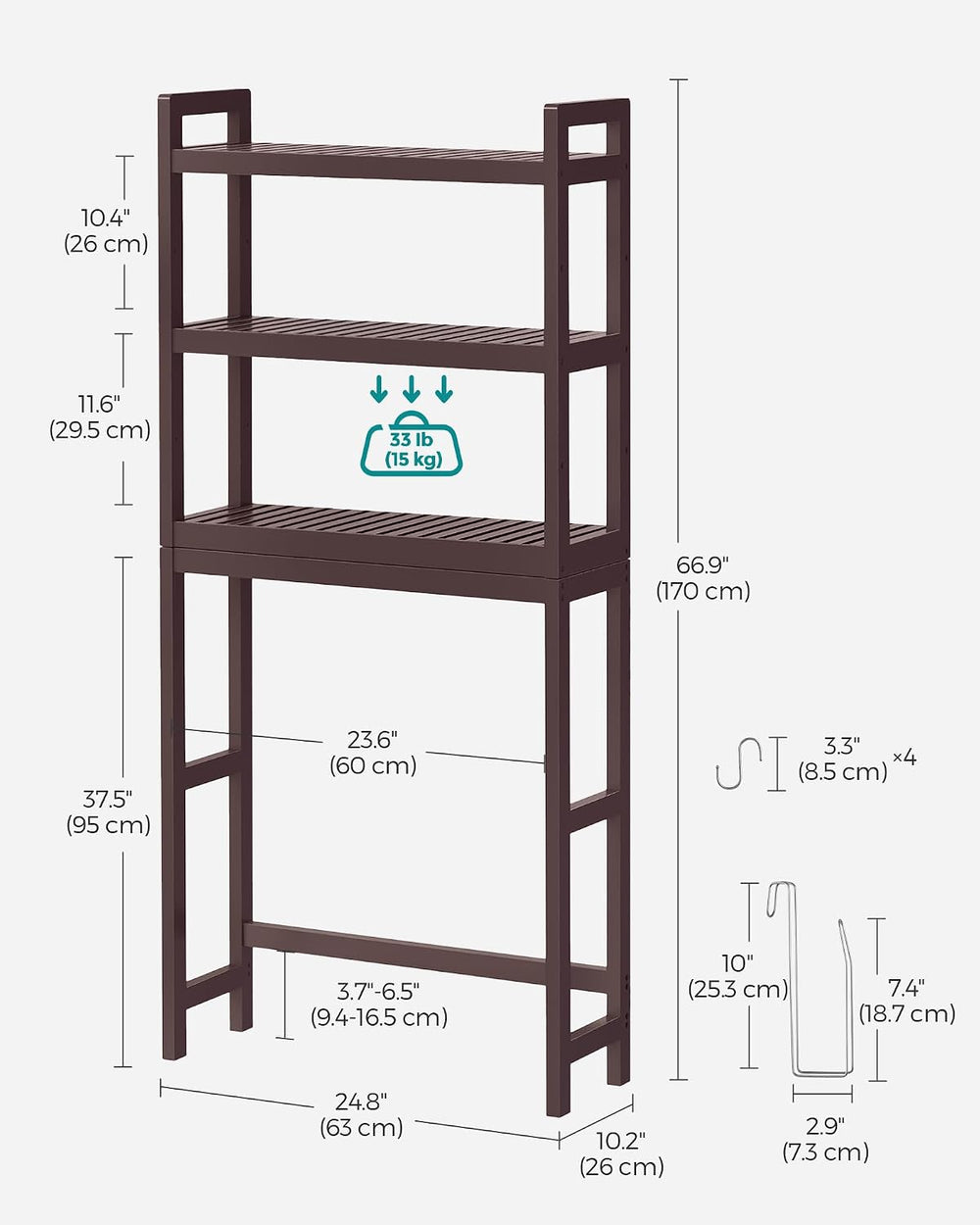 SONGMICS 3-Tier Bamboo Over The Toilet Storage, Adjustable Shelf, 66.9'&#...
