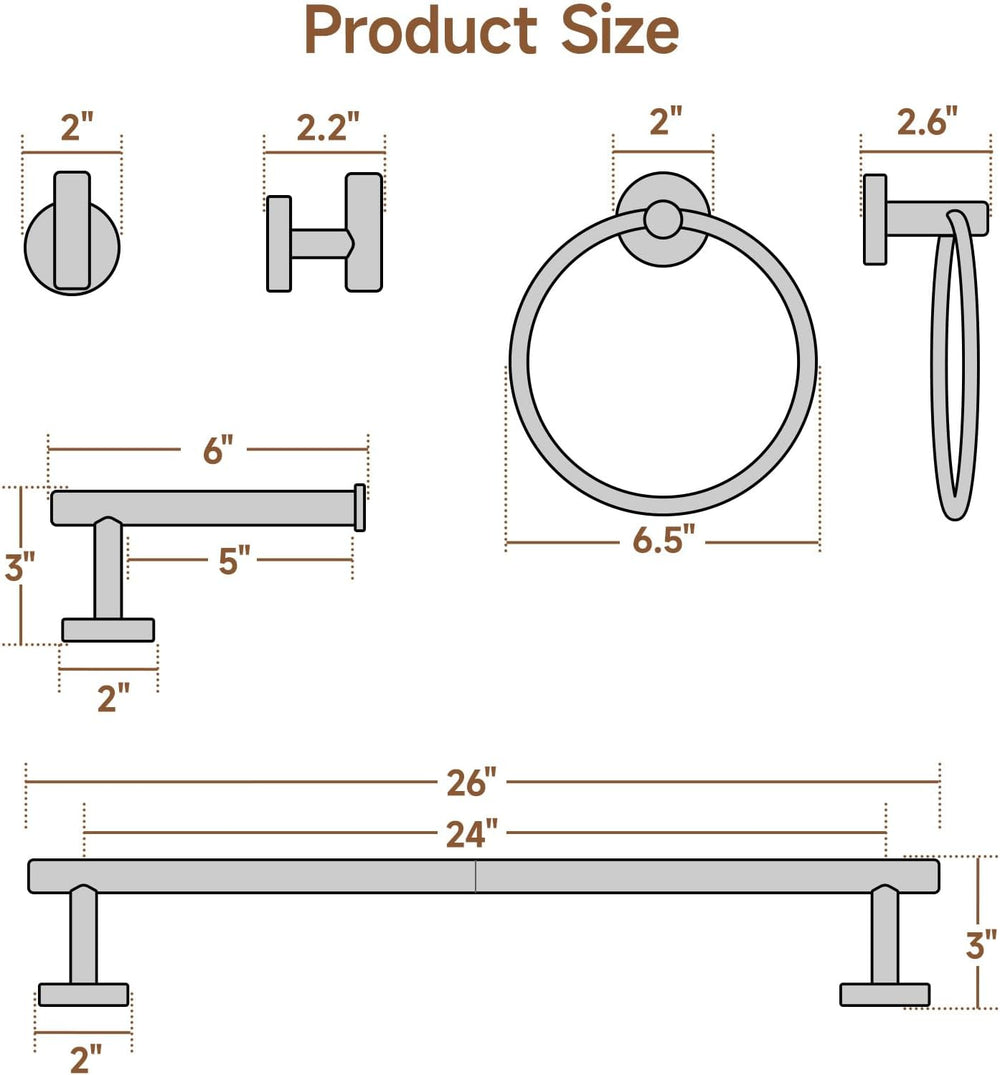 4PCS Matte Black Bathroom Accessories Set, 24-Inch Towel Bar Set