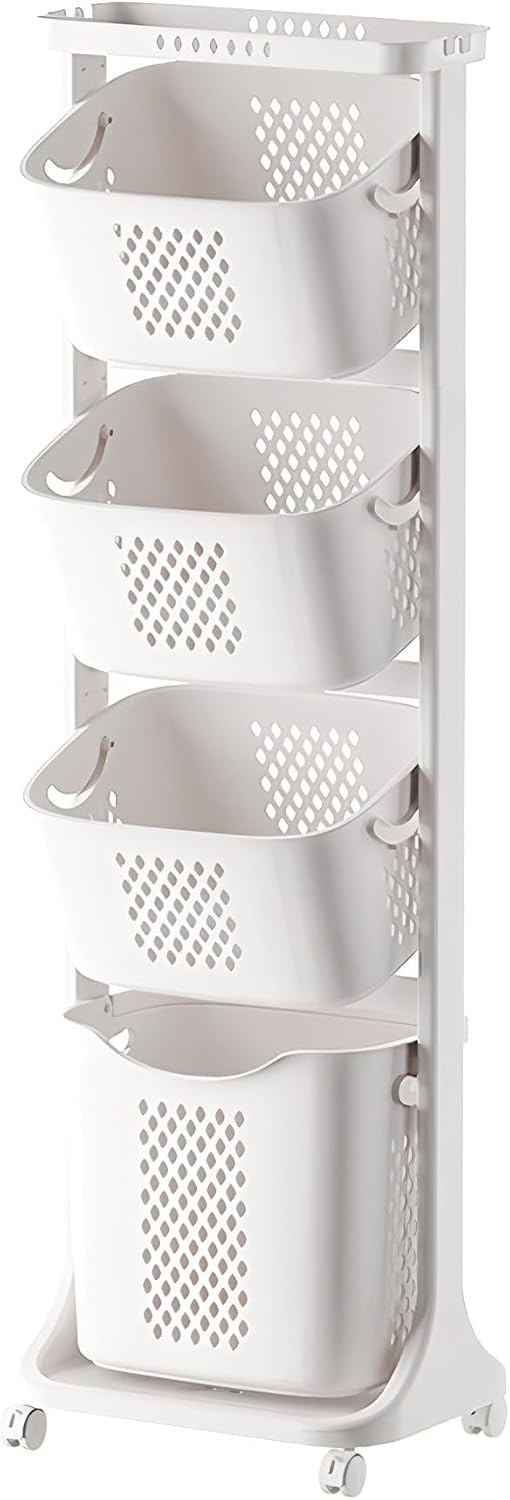 4-Tier Laundry Hamper Sorter with Rolling Baskets for Bathroom White