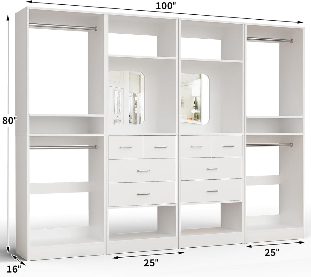 Unikito 100” Closet System with Drawers, 8.3FT Wood Closet Organizer with Han...