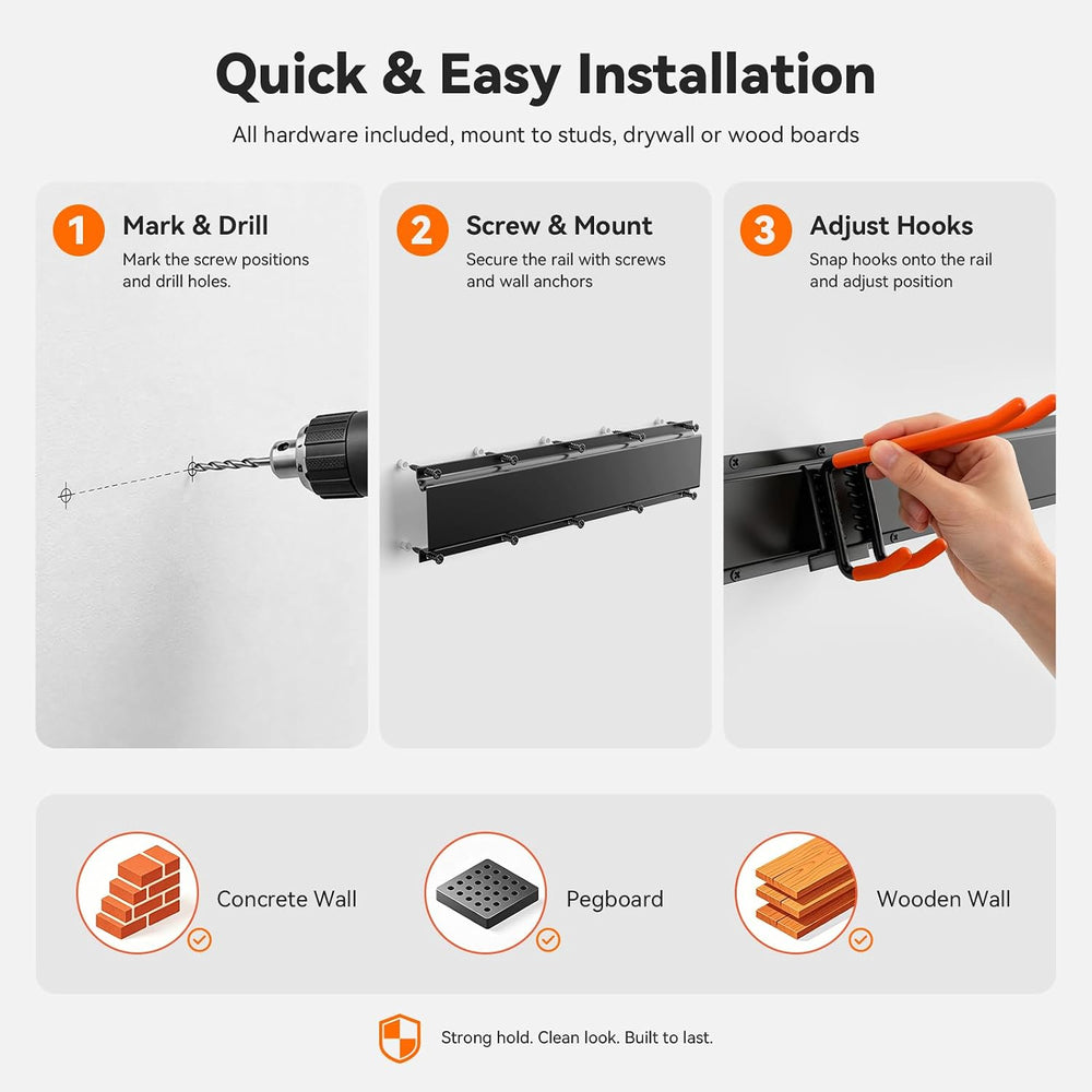 fanatato Garage Tool Organizer Wall Mount, 3 Rails 6 Hooks Heavy Duty Rack