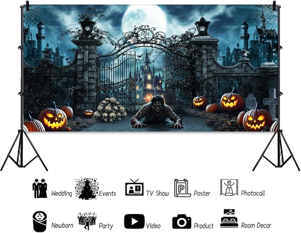 20x10ft Scary Halloween Night Eve Backdrop Horror Iron Gate Pumpkin Lantern C...
