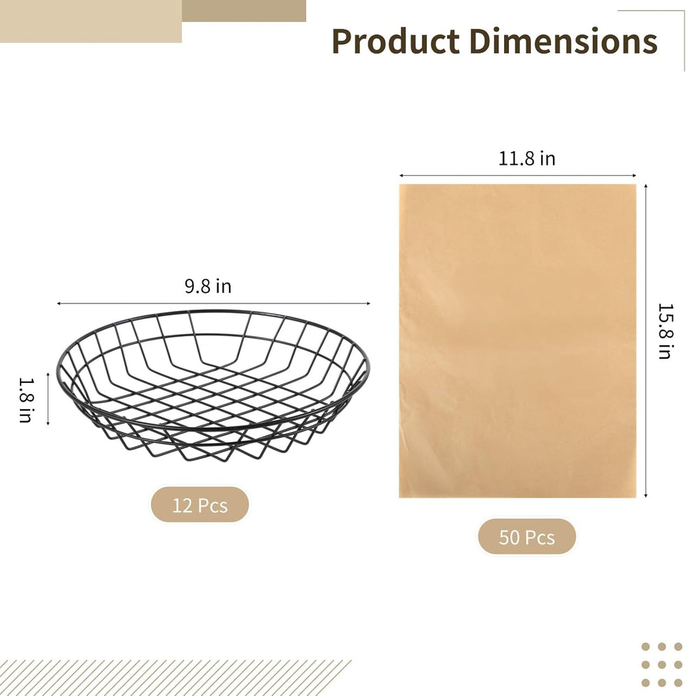12Pcs Round Wire Serving Baskets, Snack Trays w/Oil Absorbing Deli Wrapper