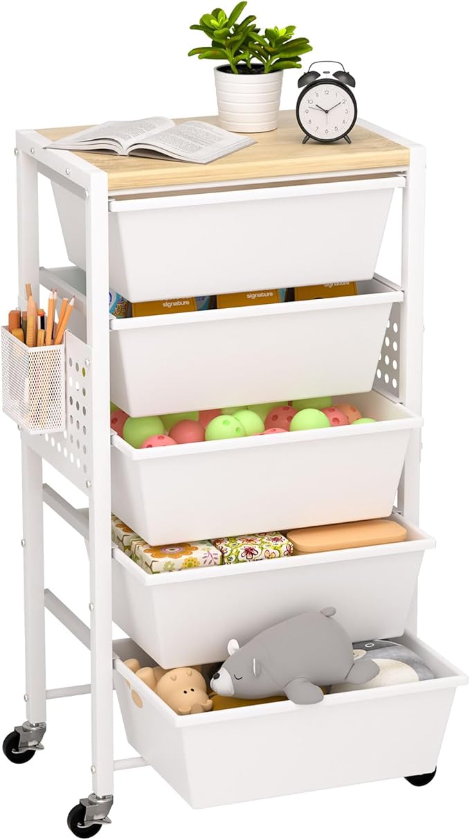 Rolling Cart with Drawers, Rolling Storage Cart with 5 Large Plastic Drawers ...