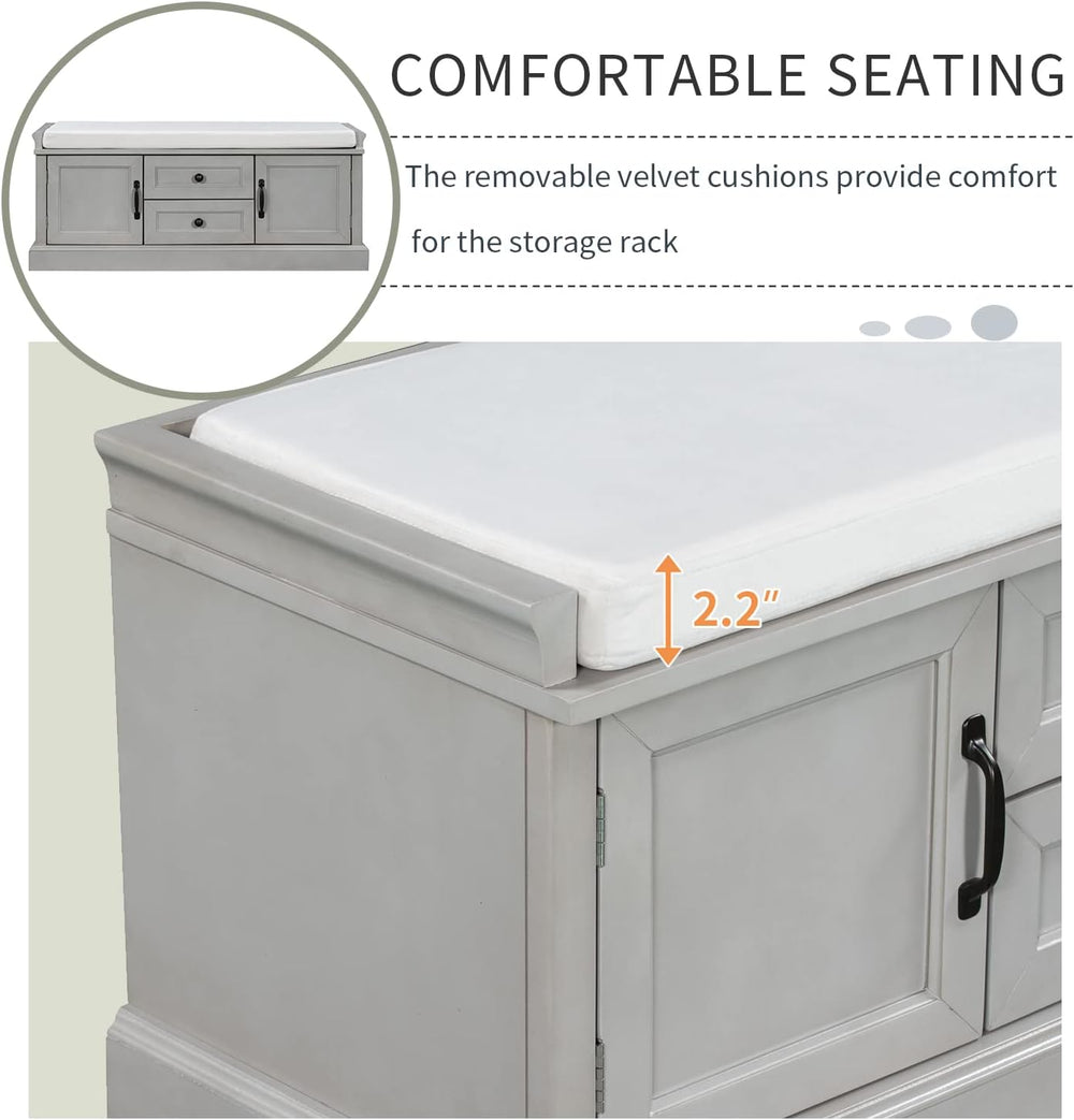 Knocbel 42.5" Storage Bench with Removable Cushion, 2 Drawers and 2 Cabi...