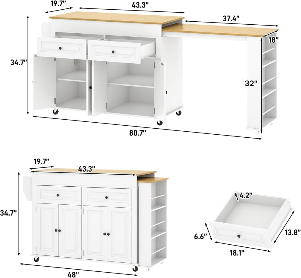 80"-48" Extendable Kitchen Island with Extended Dining Table and Po...
