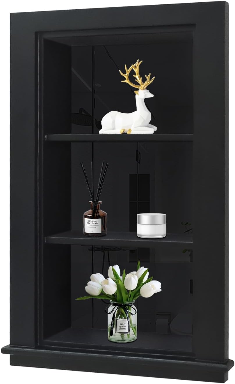 14 x 24 Recessed Medicine Cabinet, Black Bathroom Wall Cabinet, 3-Tier Wall N...
