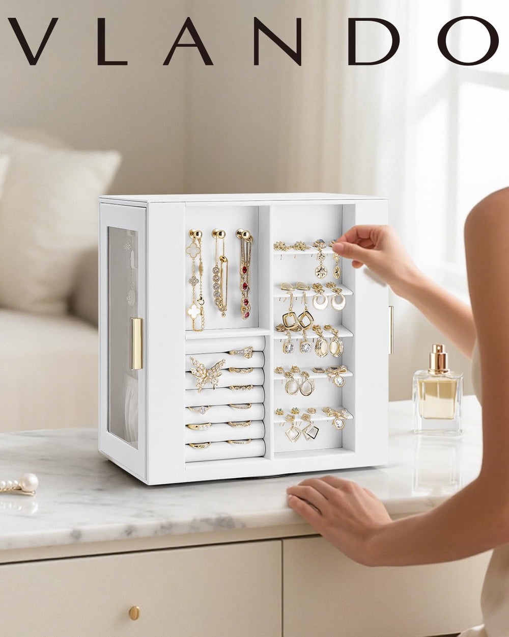 VLANDO 360°Rotating PU Leather Jewelry Box With 5 Drawers & Glass Window