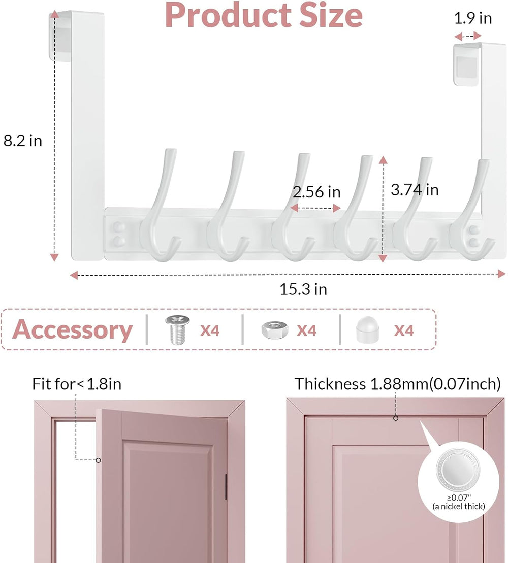 BAKON 2 Packs Over The Door Hooks with 6 Hook, Heavy Duty Over Door Hanger fo...