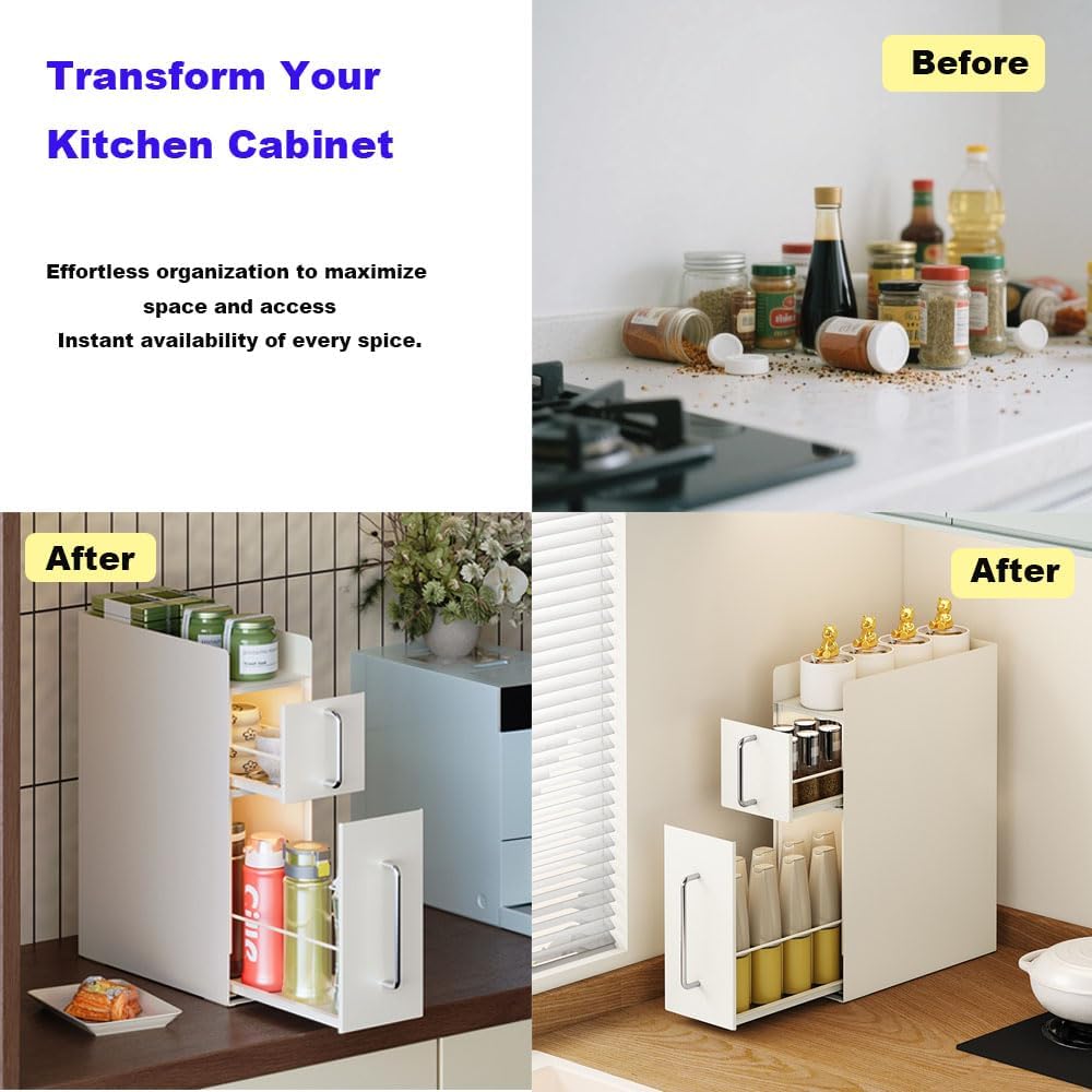 Saiveina Pull Out Spice Rack Organizer – 3 Tier Sliding Drawer, No Assembly S...