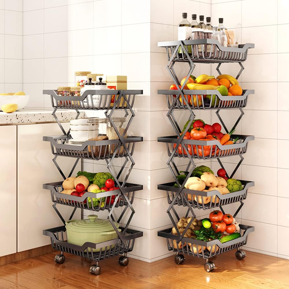 5-Tier Fruit Basket Cart with Wheels, Metal Wire Fruit Vegetable Storage Bask...