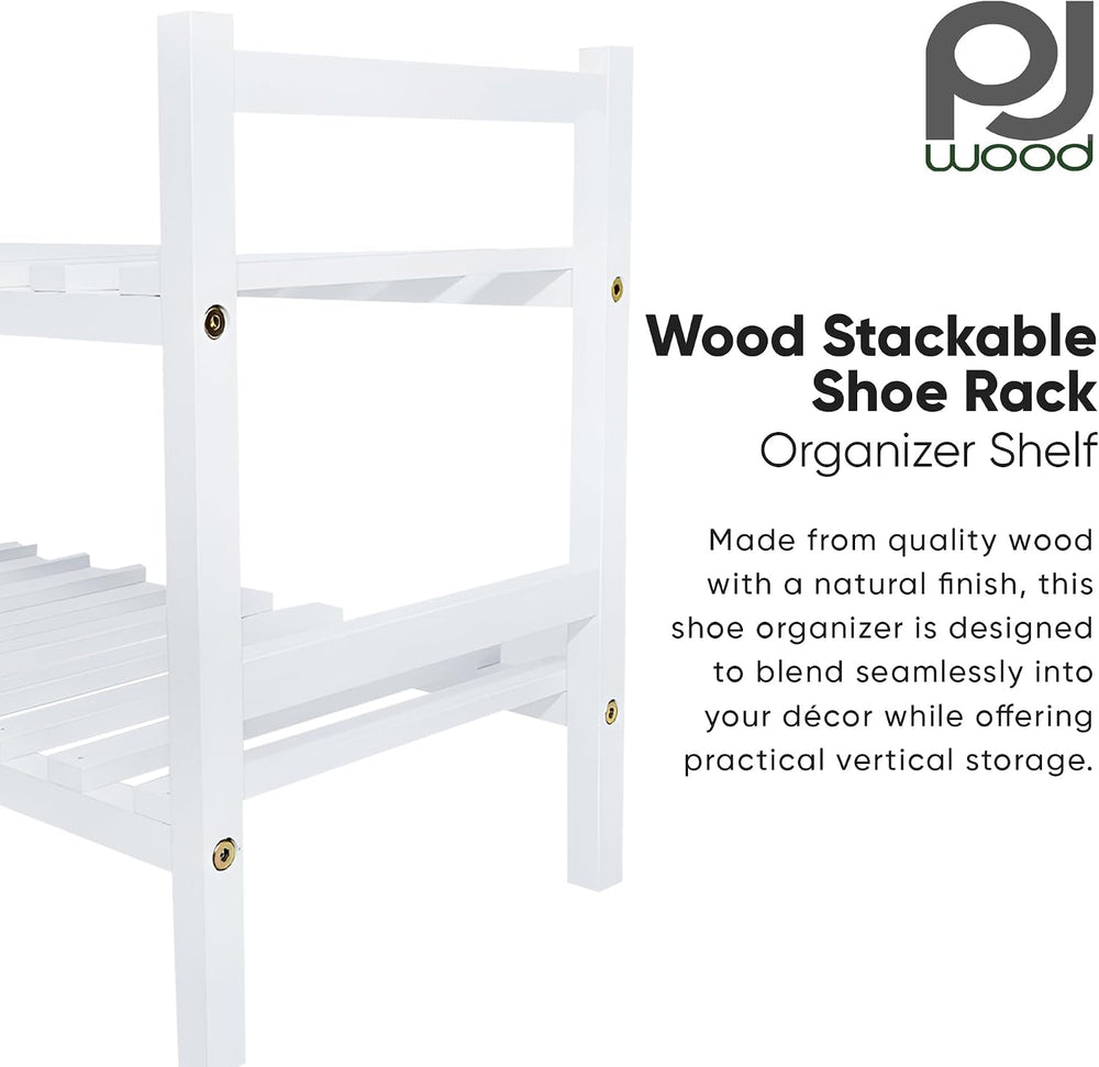 PJ Wood - Stackable White Wooden Shoe Rack - 2 Tier, 6 Pair