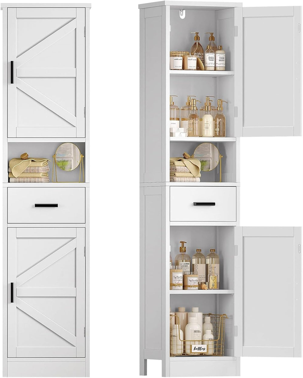 67" H Tall Bathroom Storage Cabinet with Barn Doors and Drawer, Bathroom...