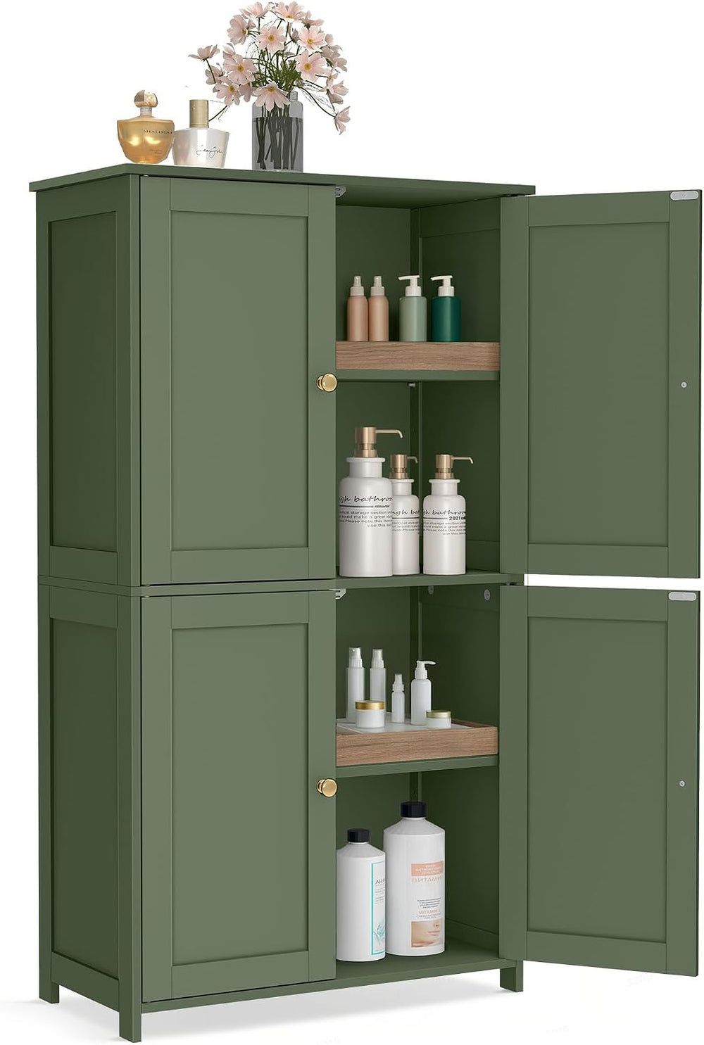 VASAGLE Bathroom Floor Storage Cabinet, 4 Doors, Forest Green