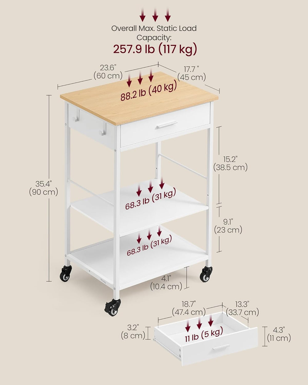 VASAGLE Kitchen Island Cart with Storage, Drawer, Adjustable Shelf, 2 Hooks
